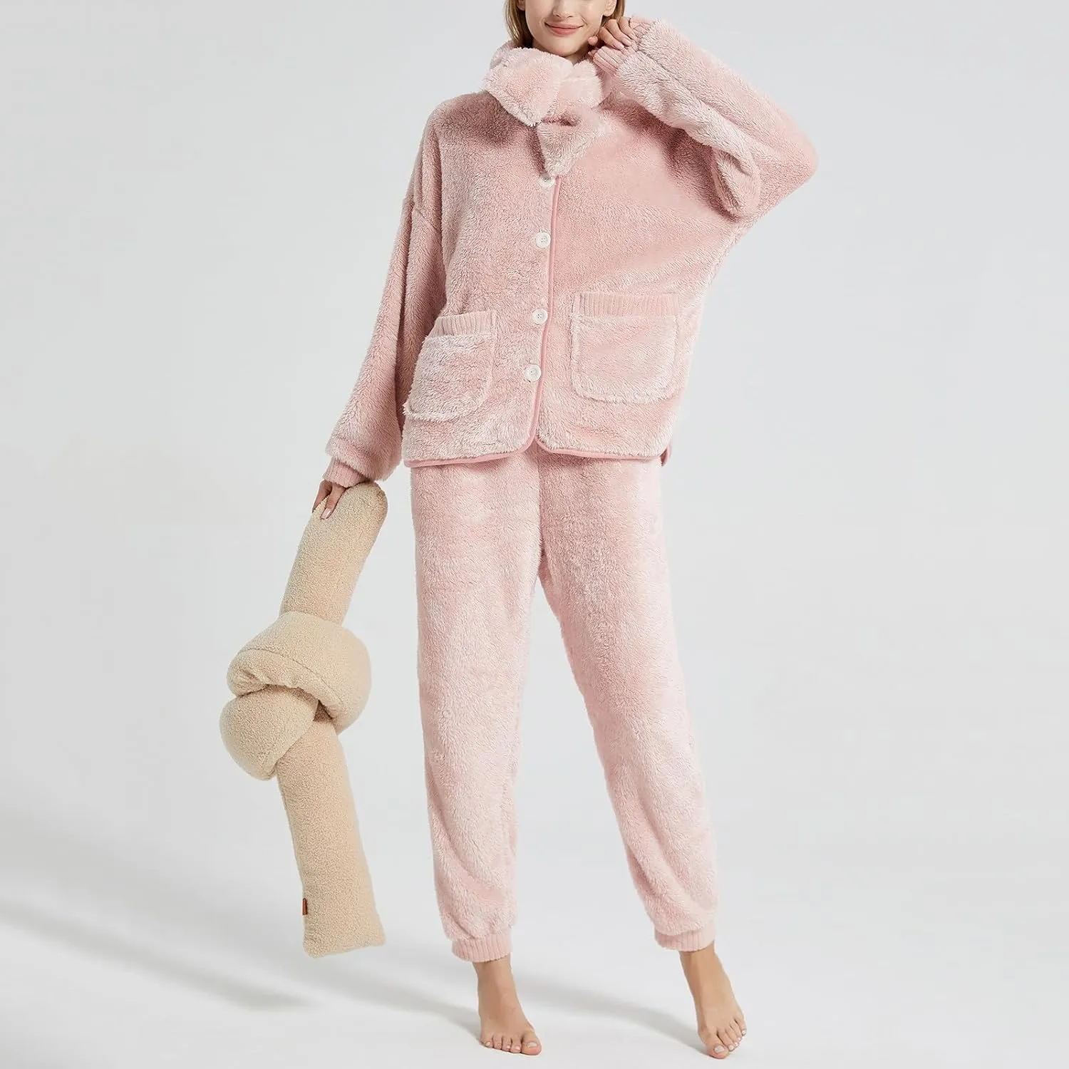 Women' s Fluffy Pajamas Set Fuzzy Fleece Button Down Tops Pants Loungewear Set Plush Pjs Loose Sleepwear with Scarf