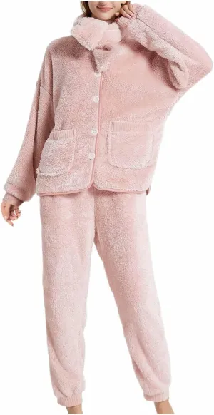 Women' s Fluffy Pajamas Set Fuzzy Fleece Button Down Tops Pants Loungewear Set Plush Pjs Loose Sleepwear with Scarf