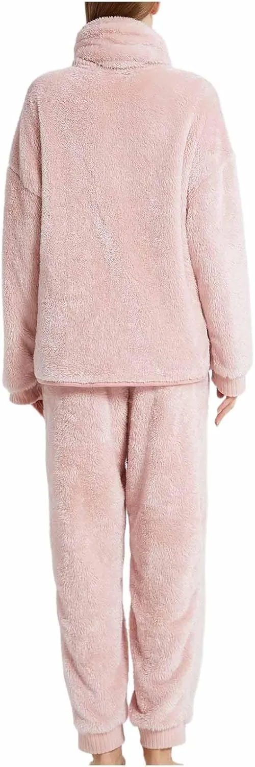 Women' s Fluffy Pajamas Set Fuzzy Fleece Button Down Tops Pants Loungewear Set Plush Pjs Loose Sleepwear with Scarf