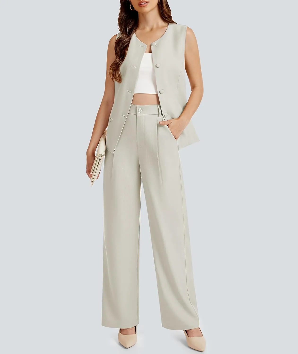Women's 2 Piece Blazer Outfits Sleeveless Crewneck Vest Wide Leg Pantsuit 2025 Dressy Casual Work Sets