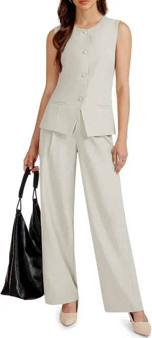 Women's 2 Piece Blazer Outfits Sleeveless Crewneck Vest Wide Leg Pantsuit 2025 Dressy Casual Work Sets