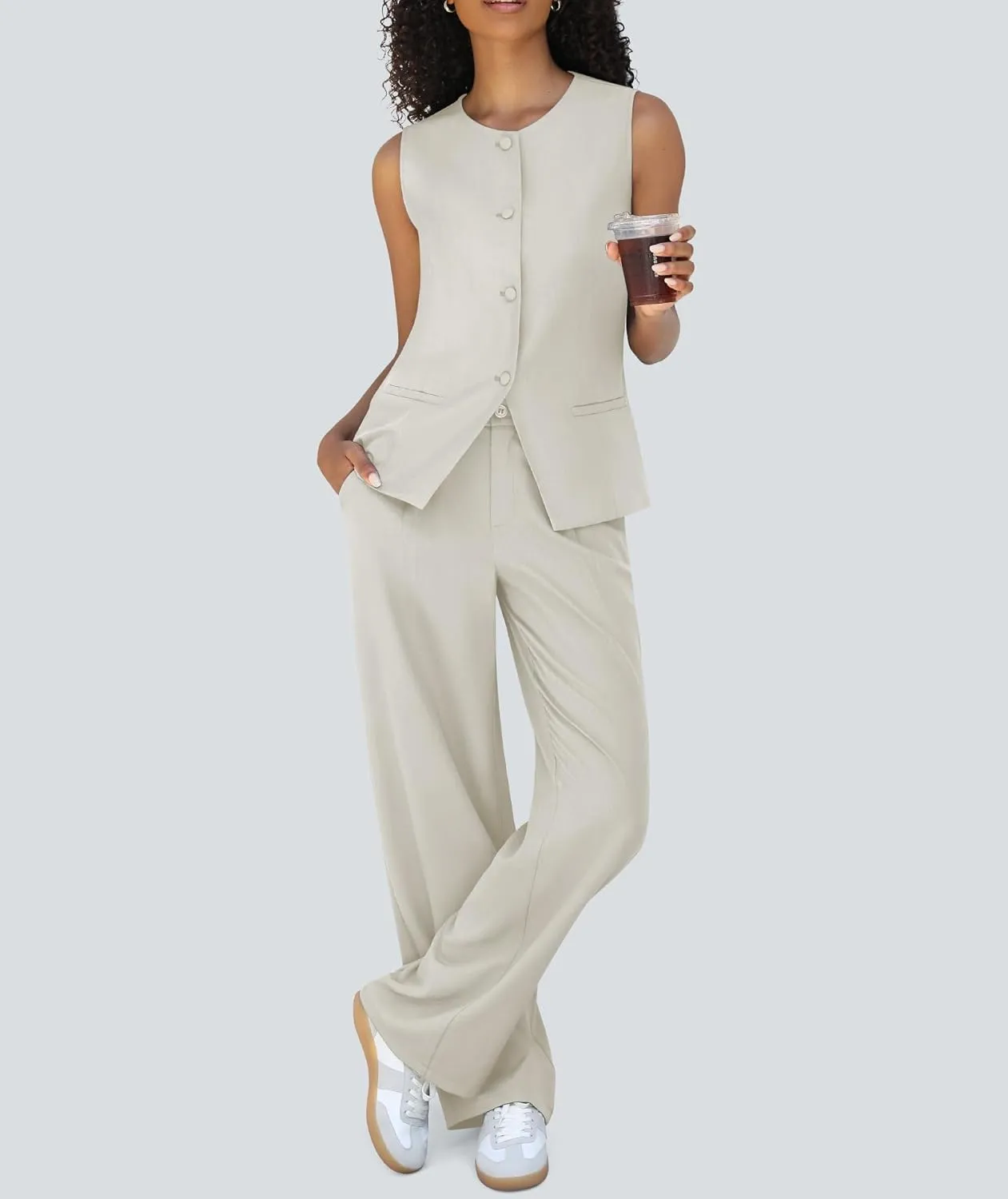 Women's 2 Piece Blazer Outfits Sleeveless Crewneck Vest Wide Leg Pantsuit 2025 Dressy Casual Work Sets