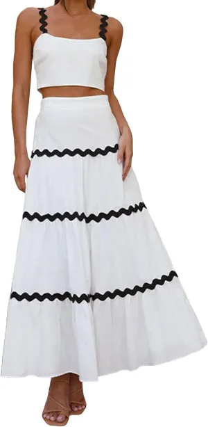 Women's 2025 Summer Halter Top Splicing Long Dress Set Work Solid Color Maxi Dress Vacation Sundress