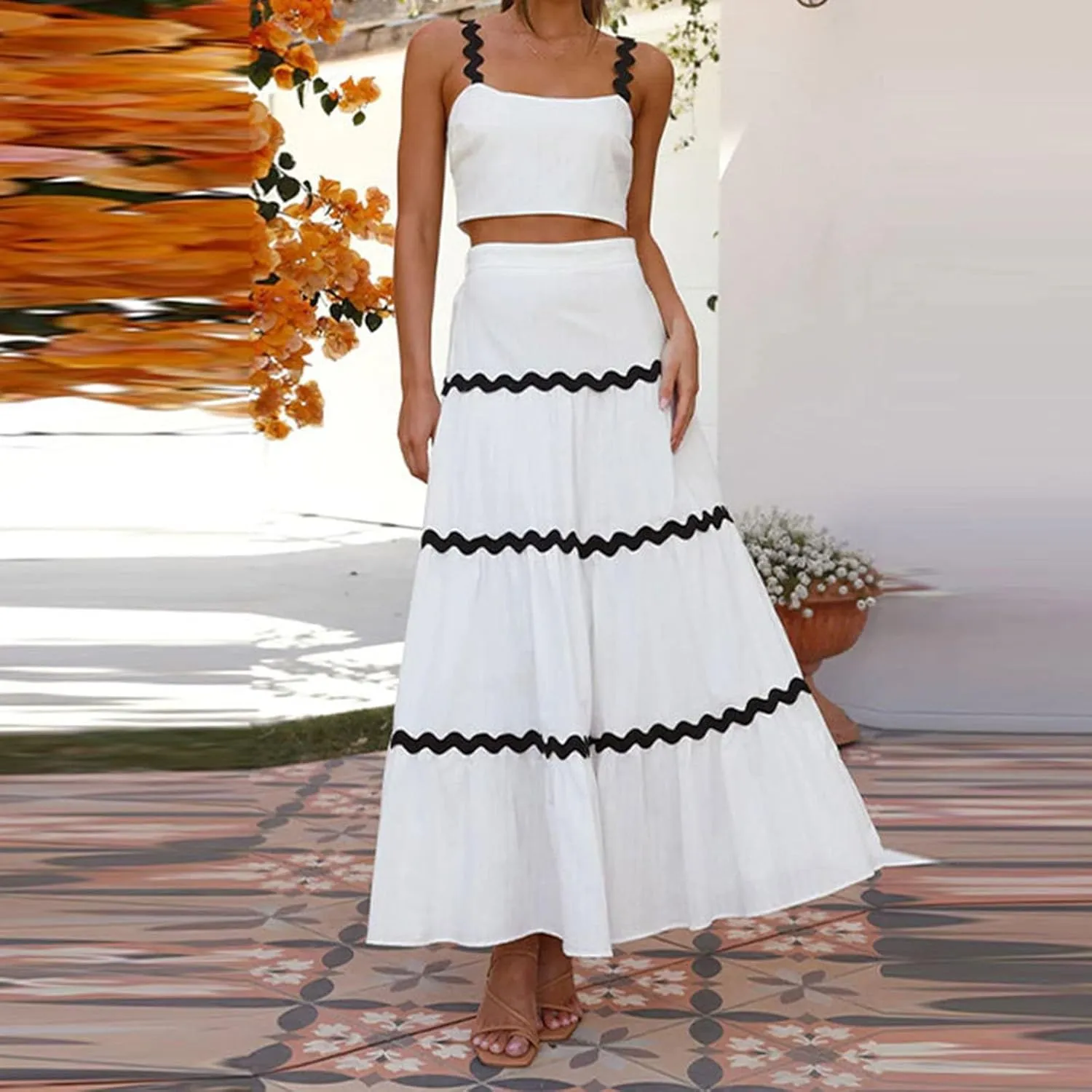 Women's 2025 Summer Halter Top Splicing Long Dress Set Work Solid Color Maxi Dress Vacation Sundress