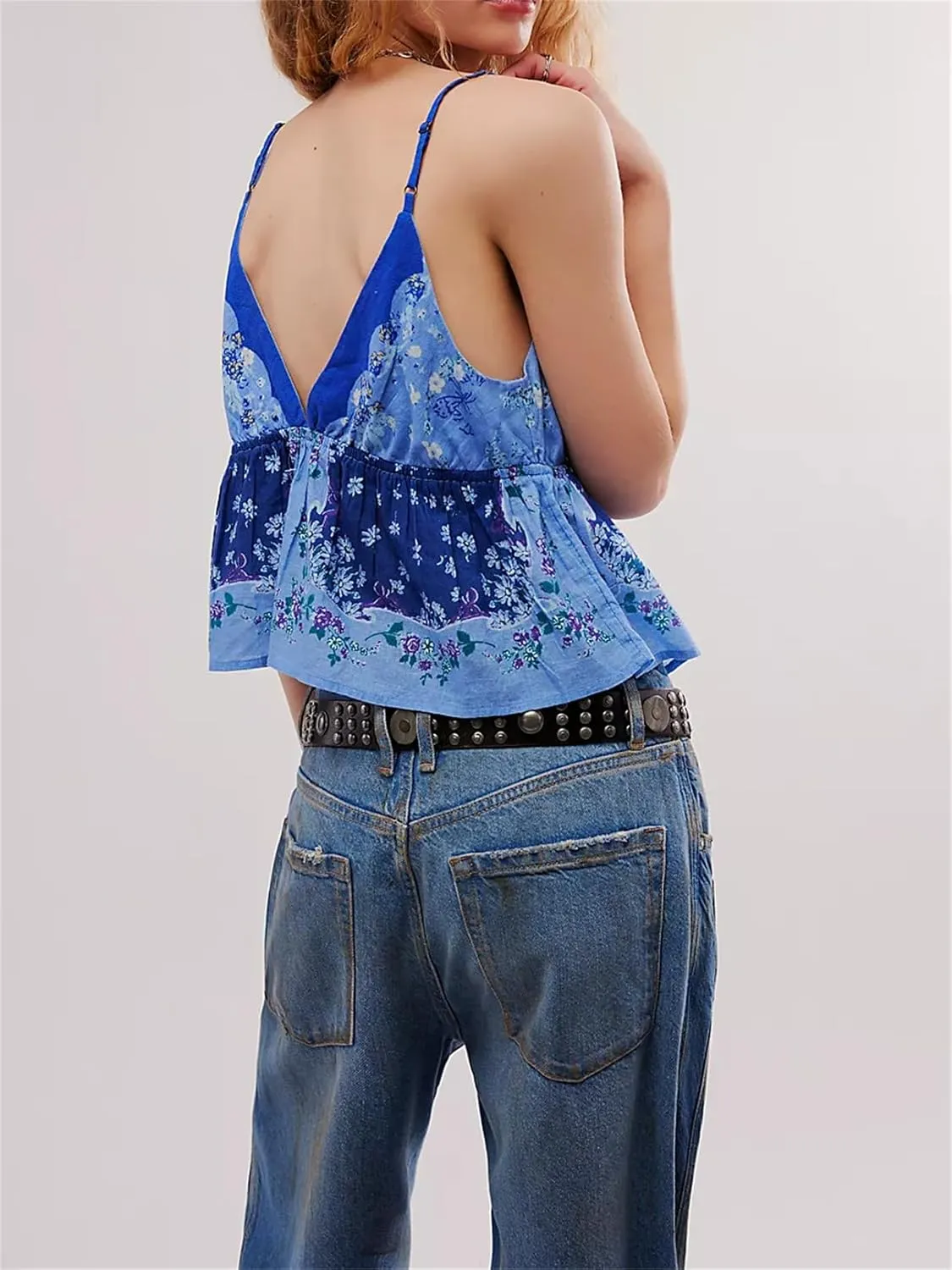 Women's Boho Floral Cami Top Y2K Cute V Neck Low Cut Spaghetti Strap Babydoll Tank Tops Fairycore Ruffle Camisole