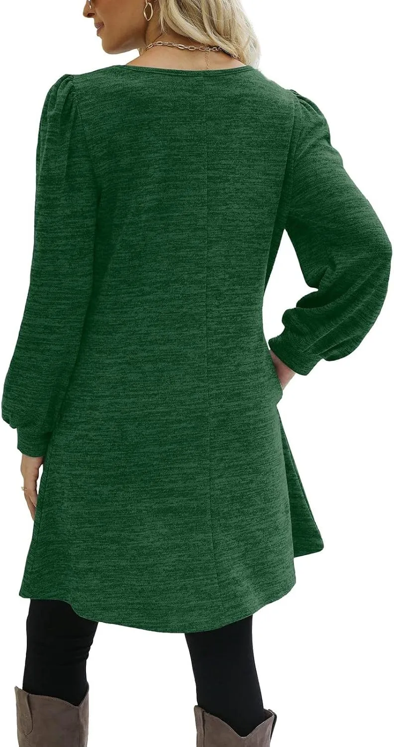 Women's Button Side Long Sleeve Dresses 2024 Fall Fashion Sweater Dresses Casual Crew Neck Pullover Tops with Pockets