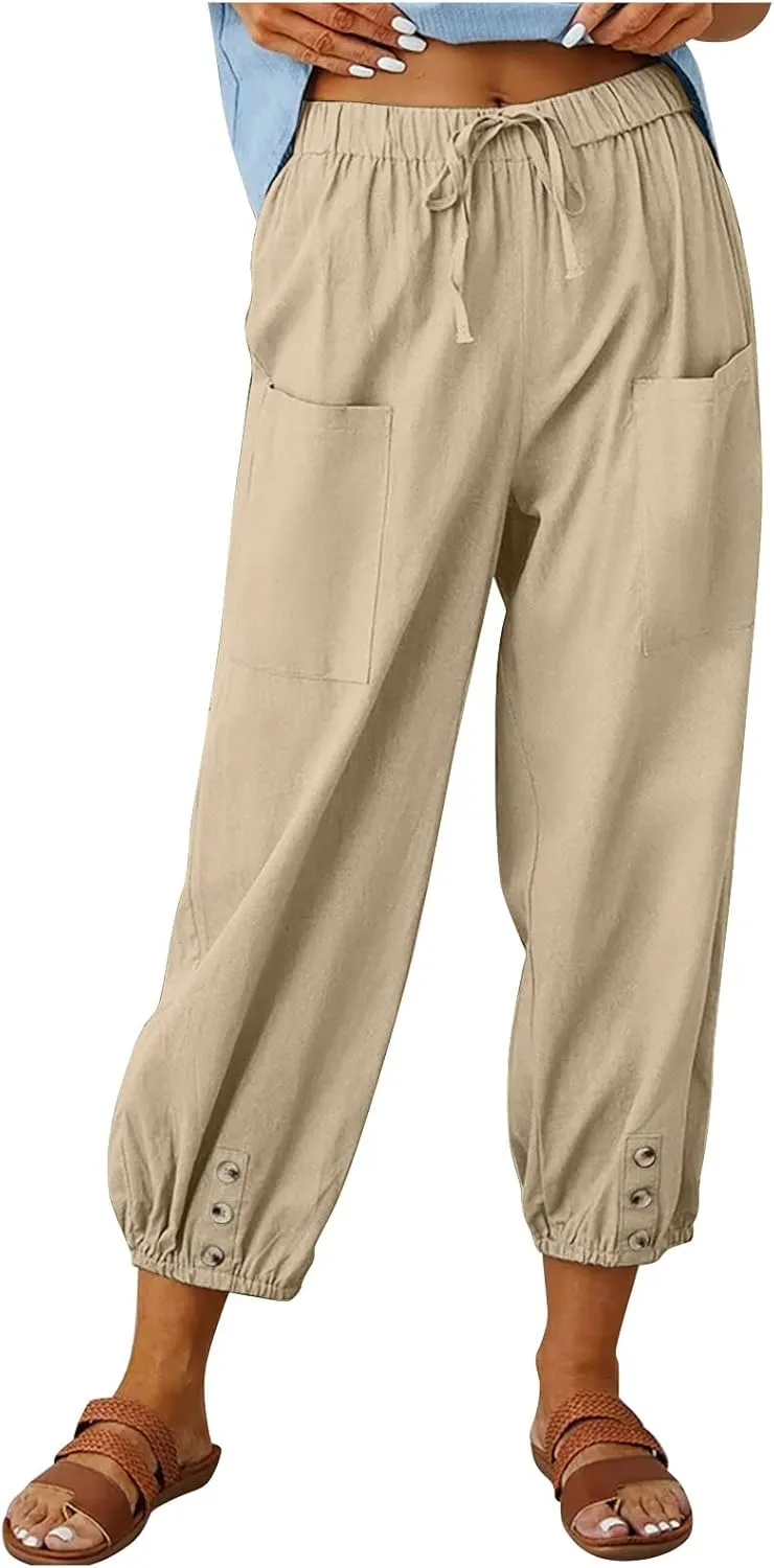 Women's Capri Pants High Waist Drawstring Cinch Bottom with Button Cotton Loose Casual Trouser with Pockets