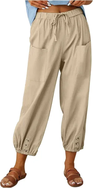 Women's Capri Pants High Waist Drawstring Cinch Bottom with Button Cotton Loose Casual Trouser with Pockets