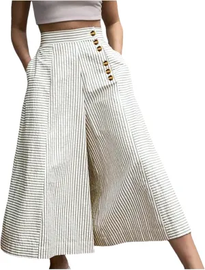Women's Casual Pants Fashion Striped Patchwork Loose Casual High Waist Pocket Elastic Waist Ankle Length Trousers