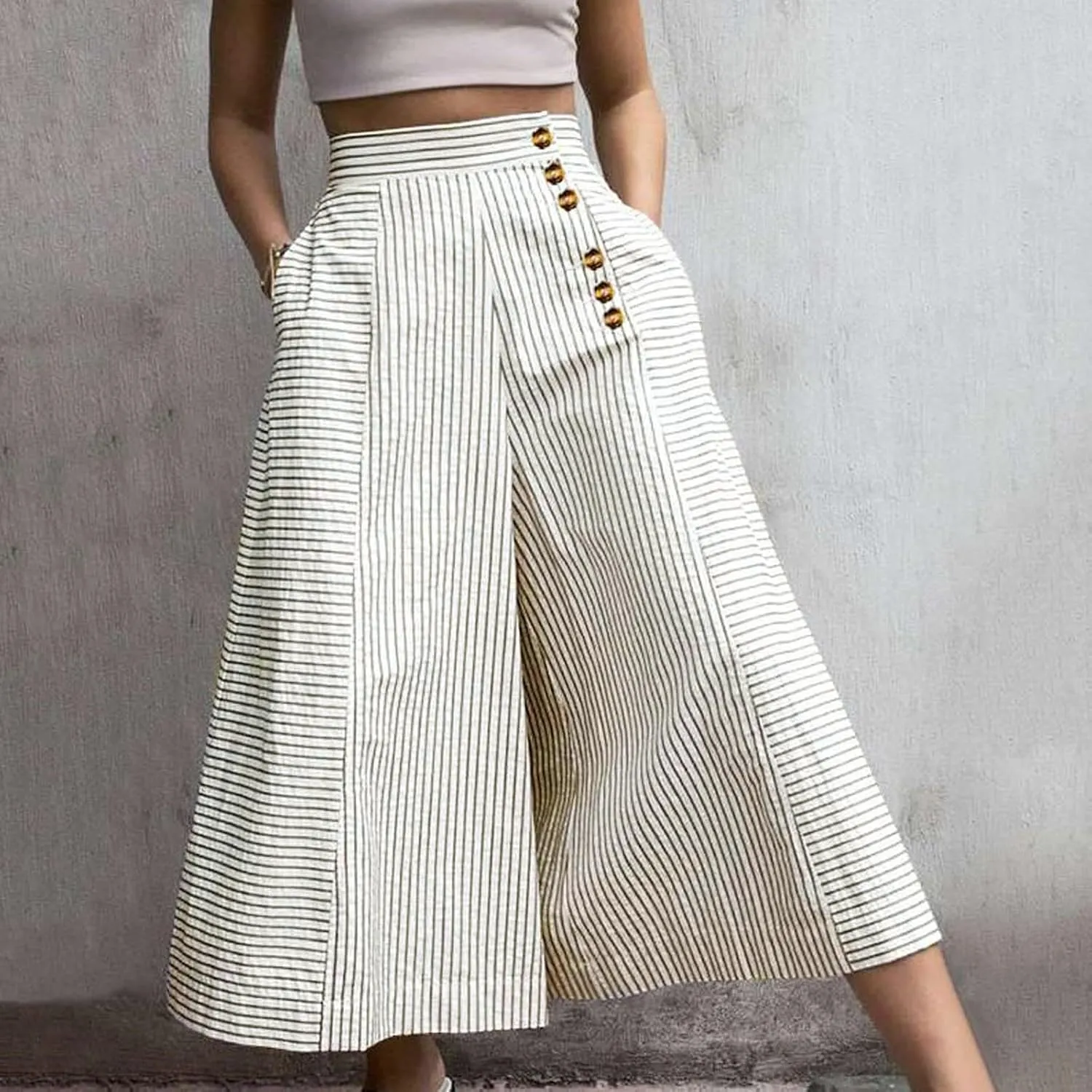 Women's Casual Pants Fashion Striped Patchwork Loose Casual High Waist Pocket Elastic Waist Ankle Length Trousers