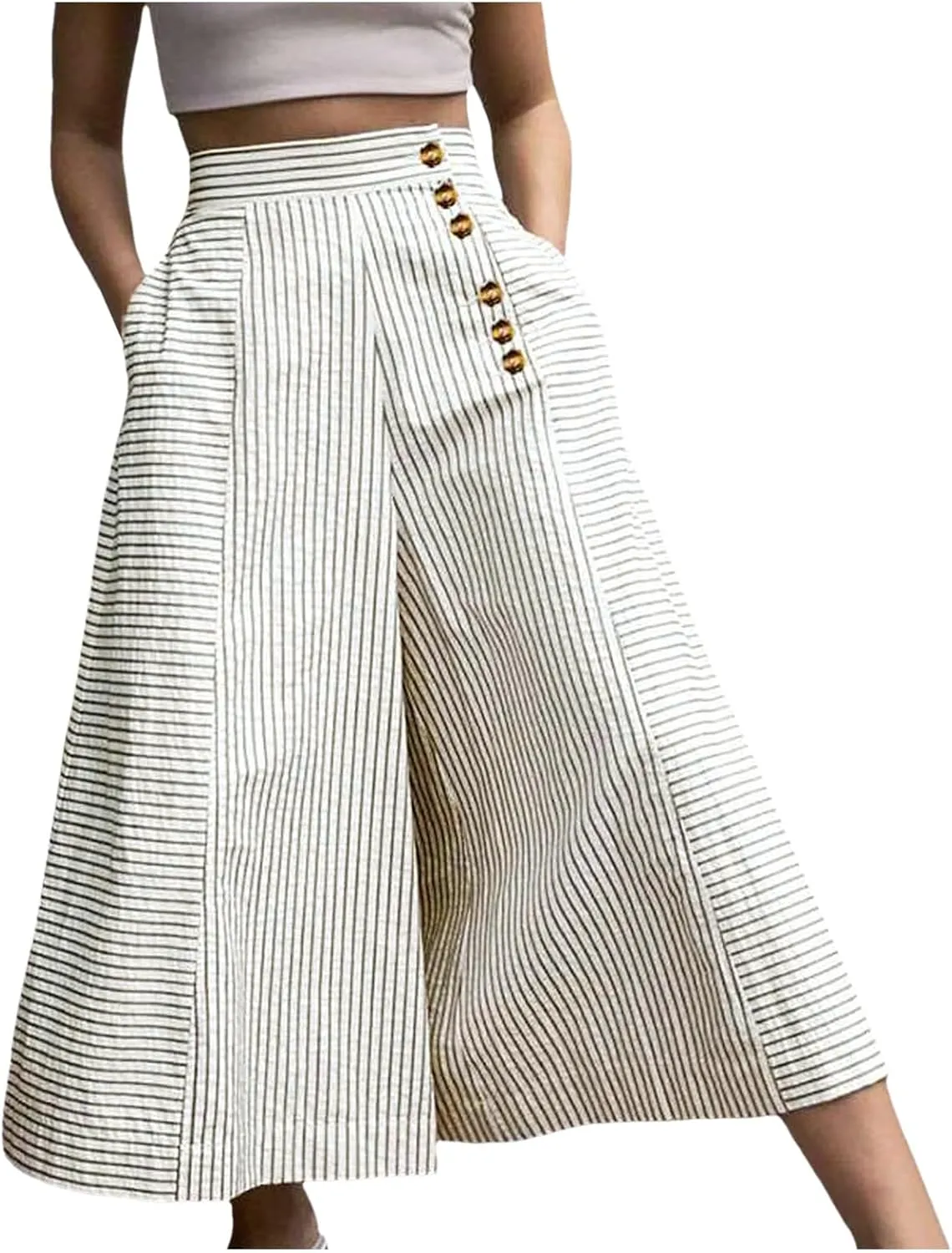 Women's Casual Pants Fashion Striped Patchwork Loose Casual High Waist Pocket Elastic Waist Ankle Length Trousers