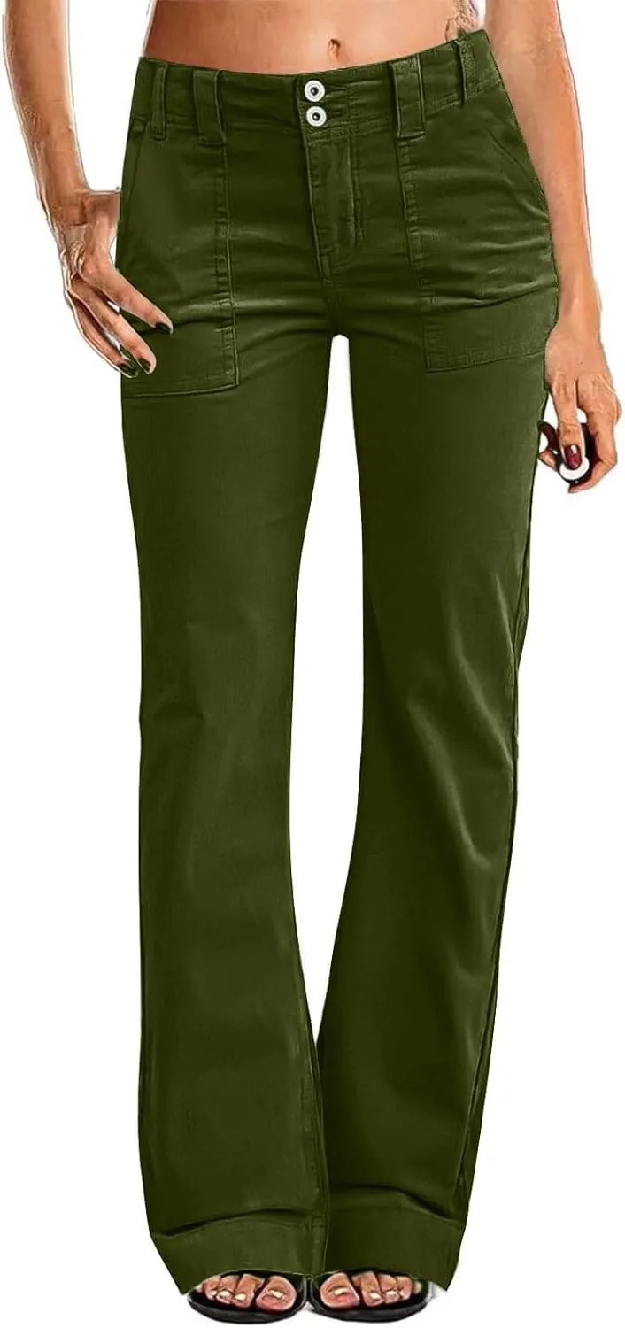 Womens Casual Stretch Twill Pants Classic Straight Fit Chino Pant High Waisted Work Outdoor Flare Pants with Pockets