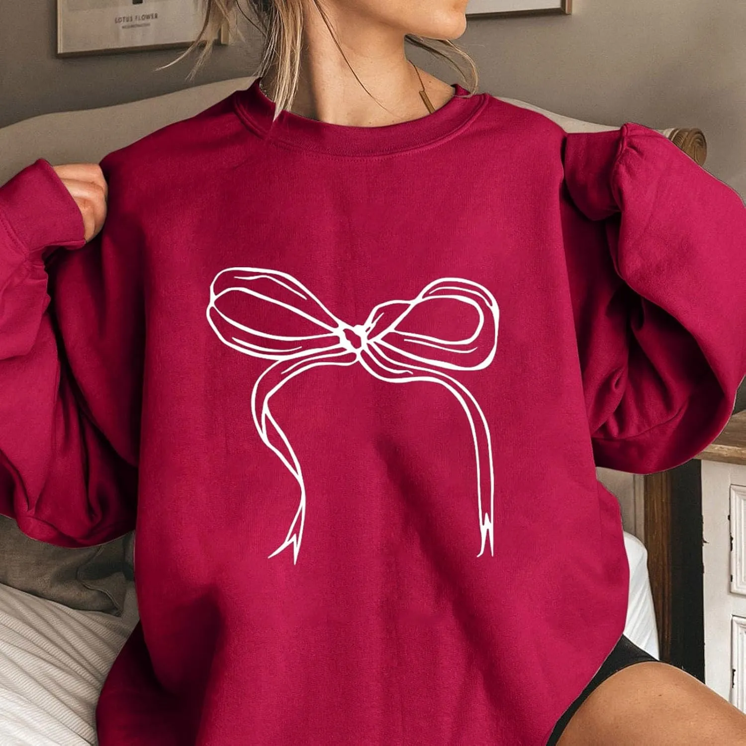 Women's Cute Bow Sweatshirt Plus Size Casual Long Sleeve Crew Neck Sweatshirts Fall Loose Fit Y2k Pullover Tops