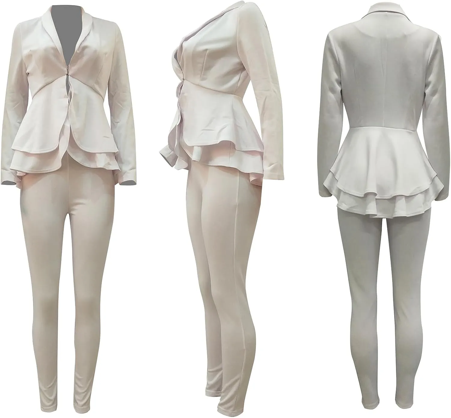 Women's Deep V Neck Ruffle Blazer Two Piece Outfits Sets Long Sleeve Long Pants Bodycon Business Suit Set