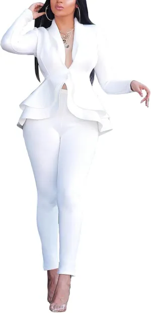 Women's Deep V Neck Ruffle Blazer Two Piece Outfits Sets Long Sleeve Long Pants Bodycon Business Suit Set