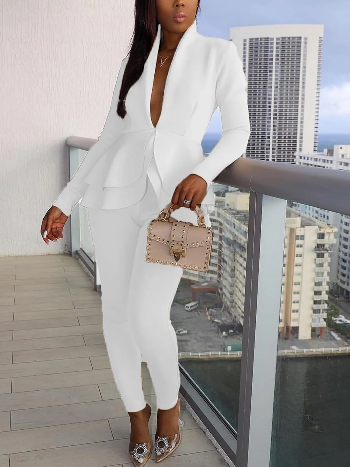 Women's Deep V Neck Ruffle Blazer Two Piece Outfits Sets Long Sleeve Long Pants Bodycon Business Suit Set
