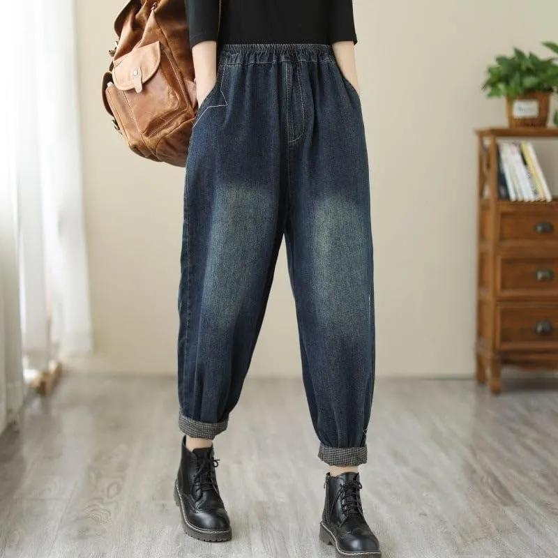 Womens Denim Harem Pants Autumn Casual Trousers Ninth Length with Elastic Waistband Loose Fit Decorative Cotton Blend
