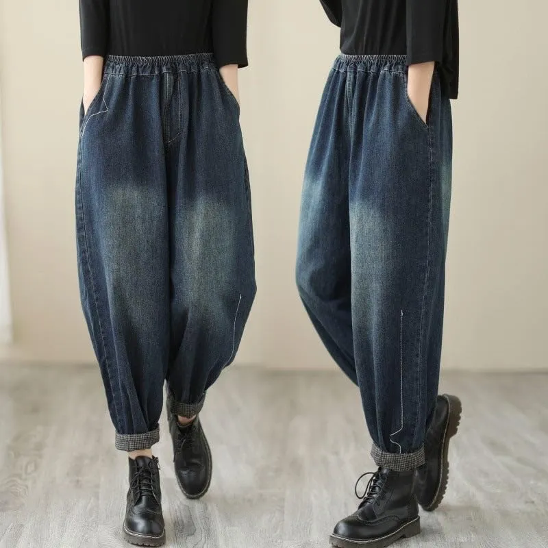 Womens Denim Harem Pants Autumn Casual Trousers Ninth Length with Elastic Waistband Loose Fit Decorative Cotton Blend