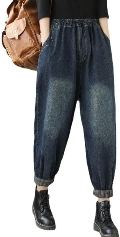 Womens Denim Harem Pants Autumn Casual Trousers Ninth Length with Elastic Waistband Loose Fit Decorative Cotton Blend