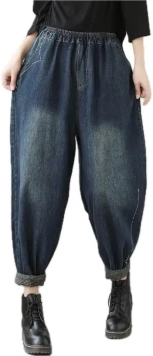 Womens Denim Harem Pants Autumn Casual Trousers Ninth Length with Elastic Waistband Loose Fit Decorative Cotton Blend