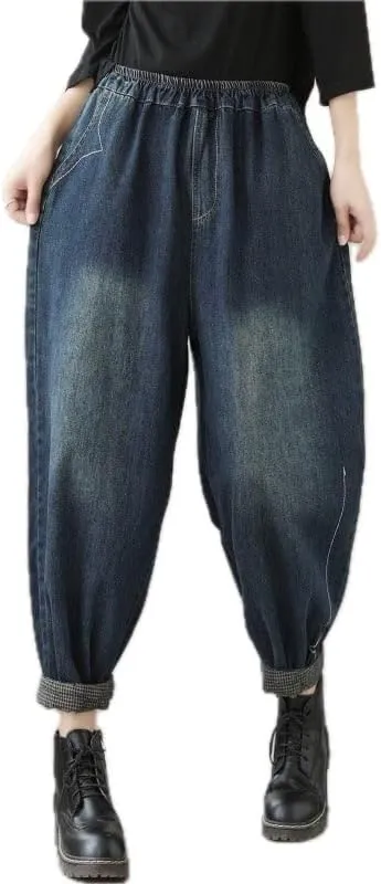 Womens Denim Harem Pants Autumn Casual Trousers Ninth Length with Elastic Waistband Loose Fit Decorative Cotton Blend