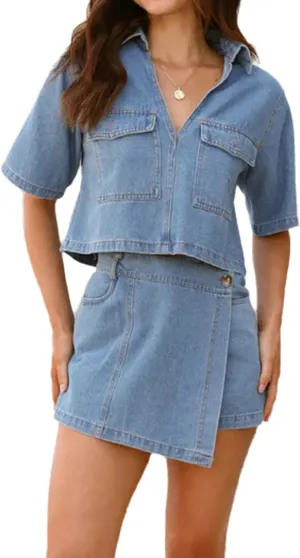 Womens Denim Sets 2 Piece Outfits Short Sleeve Cropped Denim Shirt Tops and High Waisted Jean Skorts Skirt Set