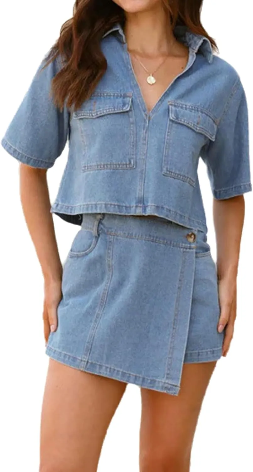 Womens Denim Sets 2 Piece Outfits Short Sleeve Cropped Denim Shirt Tops and High Waisted Jean Skorts Skirt Set
