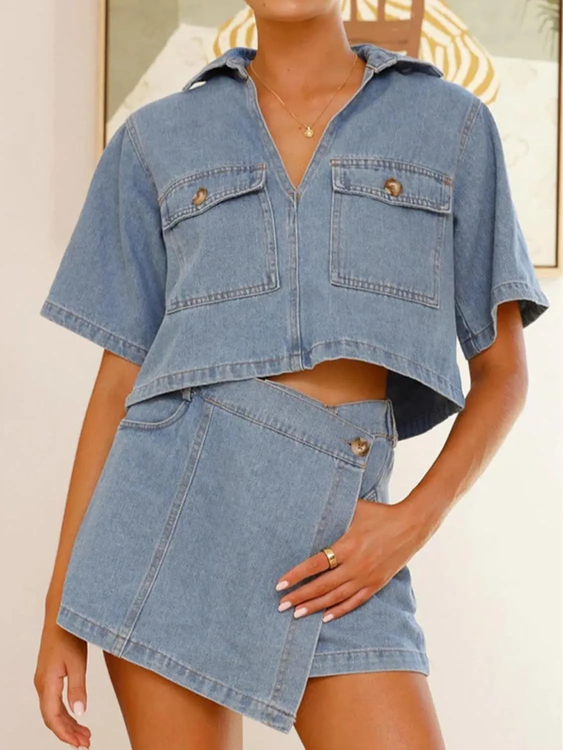 Womens Denim Sets 2 Piece Outfits Short Sleeve Cropped Denim Shirt Tops and High Waisted Jean Skorts Skirt Set