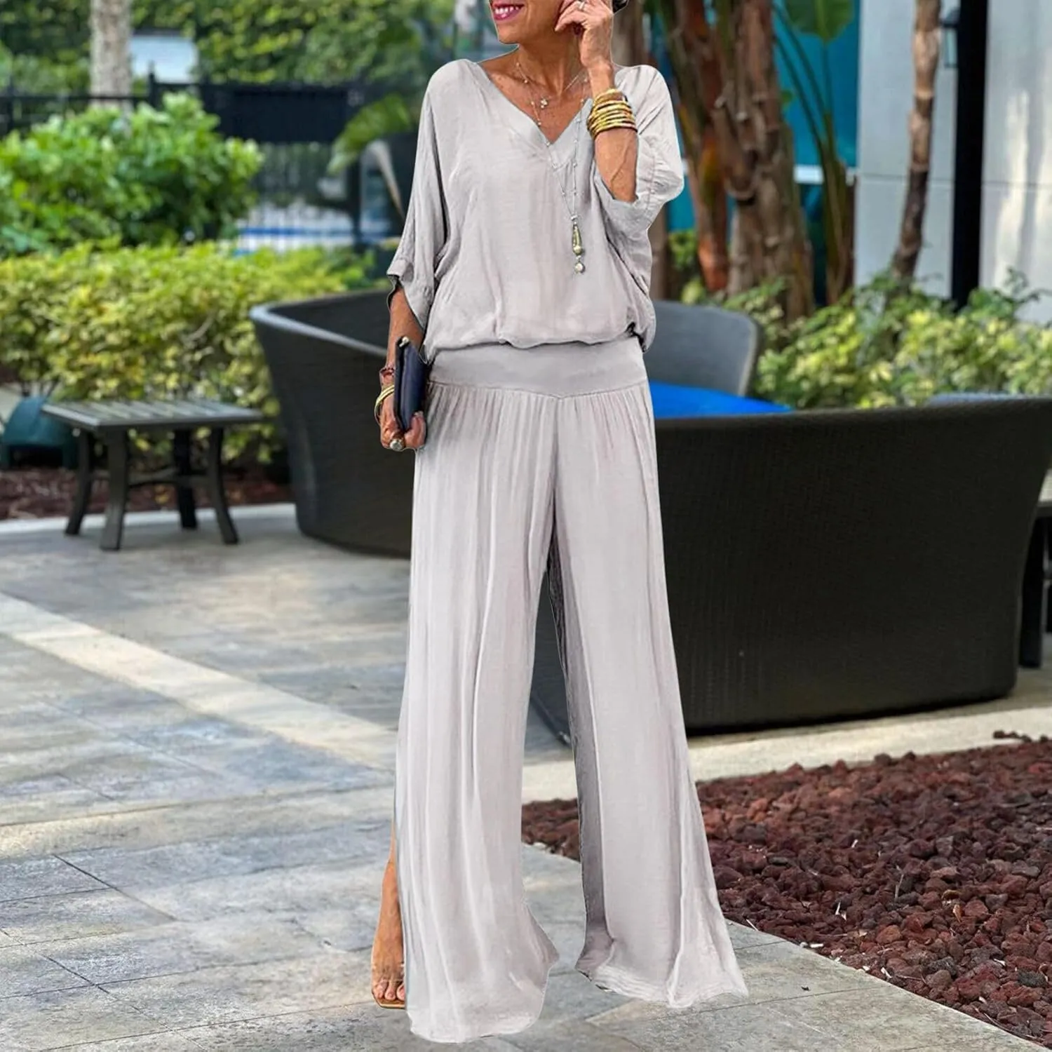 Women's Dressy Casual Chiffon Wide Leg Pant Sets 2 Pieces Formal Pant Suits Wedding Guest Outfit