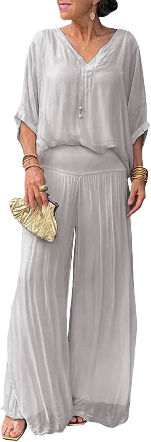Women's Dressy Casual Chiffon Wide Leg Pant Sets 2 Pieces Formal Pant Suits Wedding Guest Outfit