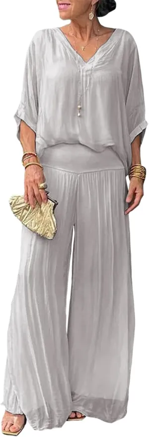 Women's Dressy Casual Chiffon Wide Leg Pant Sets 2 Pieces Formal Pant Suits Wedding Guest Outfit