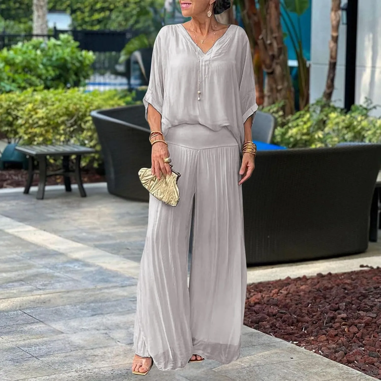 Women's Dressy Casual Chiffon Wide Leg Pant Sets 2 Pieces Formal Pant Suits Wedding Guest Outfit