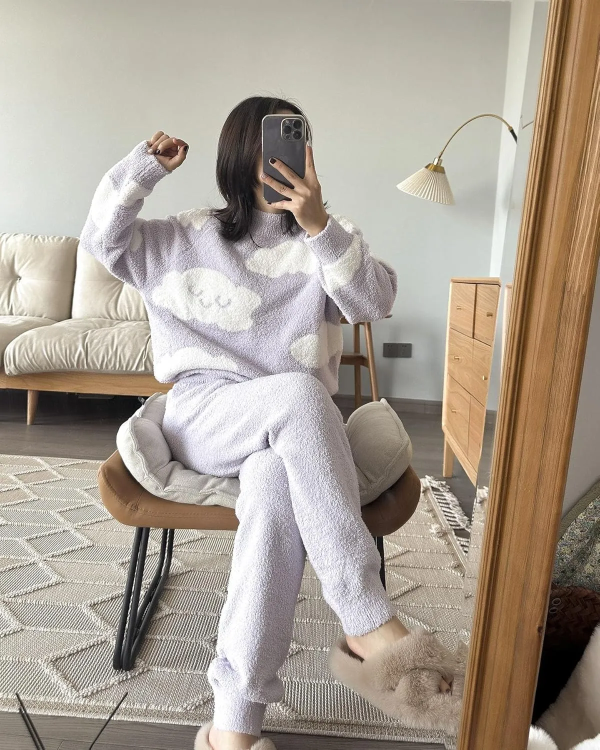Womens Fleece Fuzzy Lounge Set Cloud Sweater Set Cute Print Loungewear Pajama Sets
