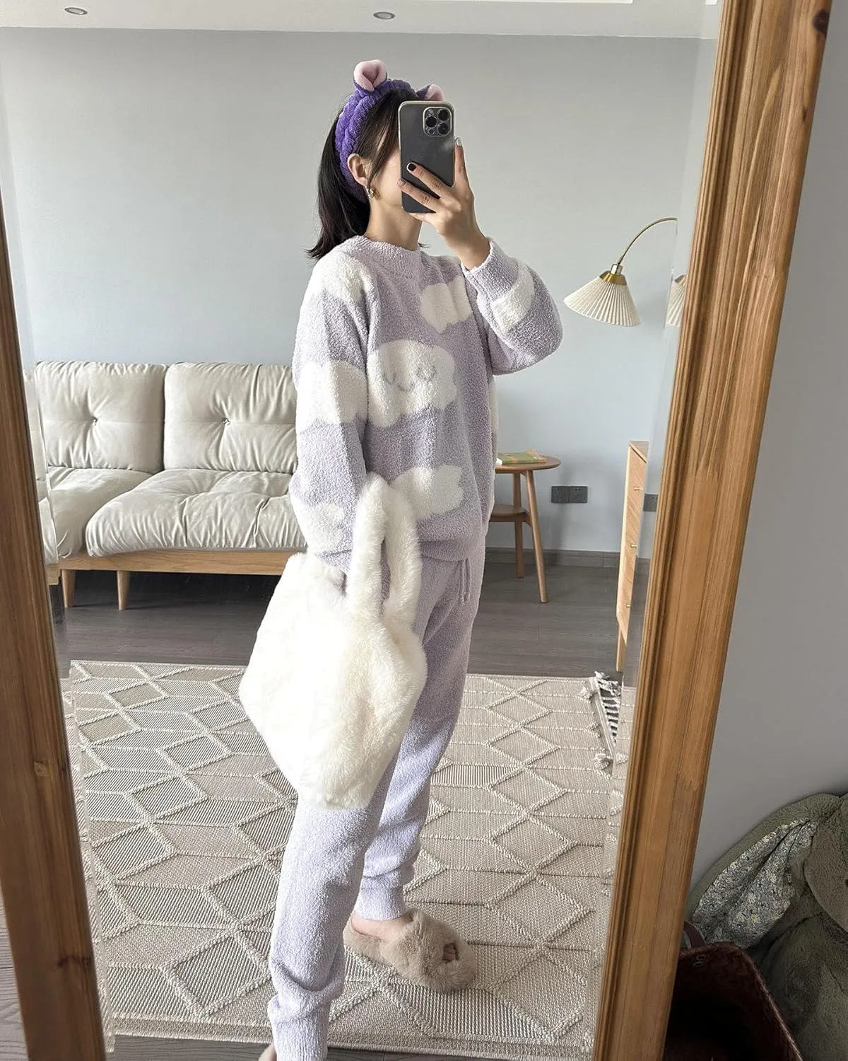 Womens Fleece Fuzzy Lounge Set Cloud Sweater Set Cute Print Loungewear Pajama Sets