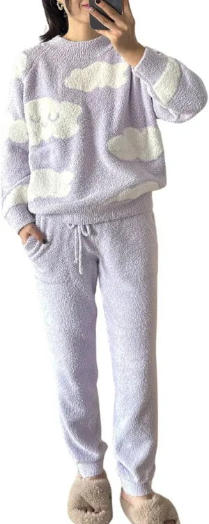 Womens Fleece Fuzzy Lounge Set Cloud Sweater Set Cute Print Loungewear Pajama Sets