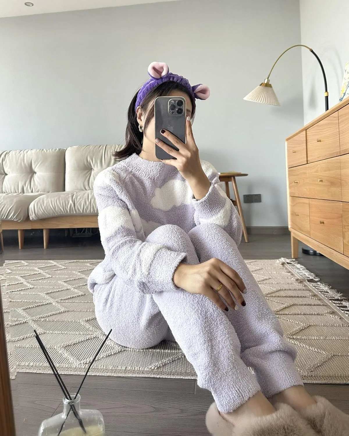 Womens Fleece Fuzzy Lounge Set Cloud Sweater Set Cute Print Loungewear Pajama Sets