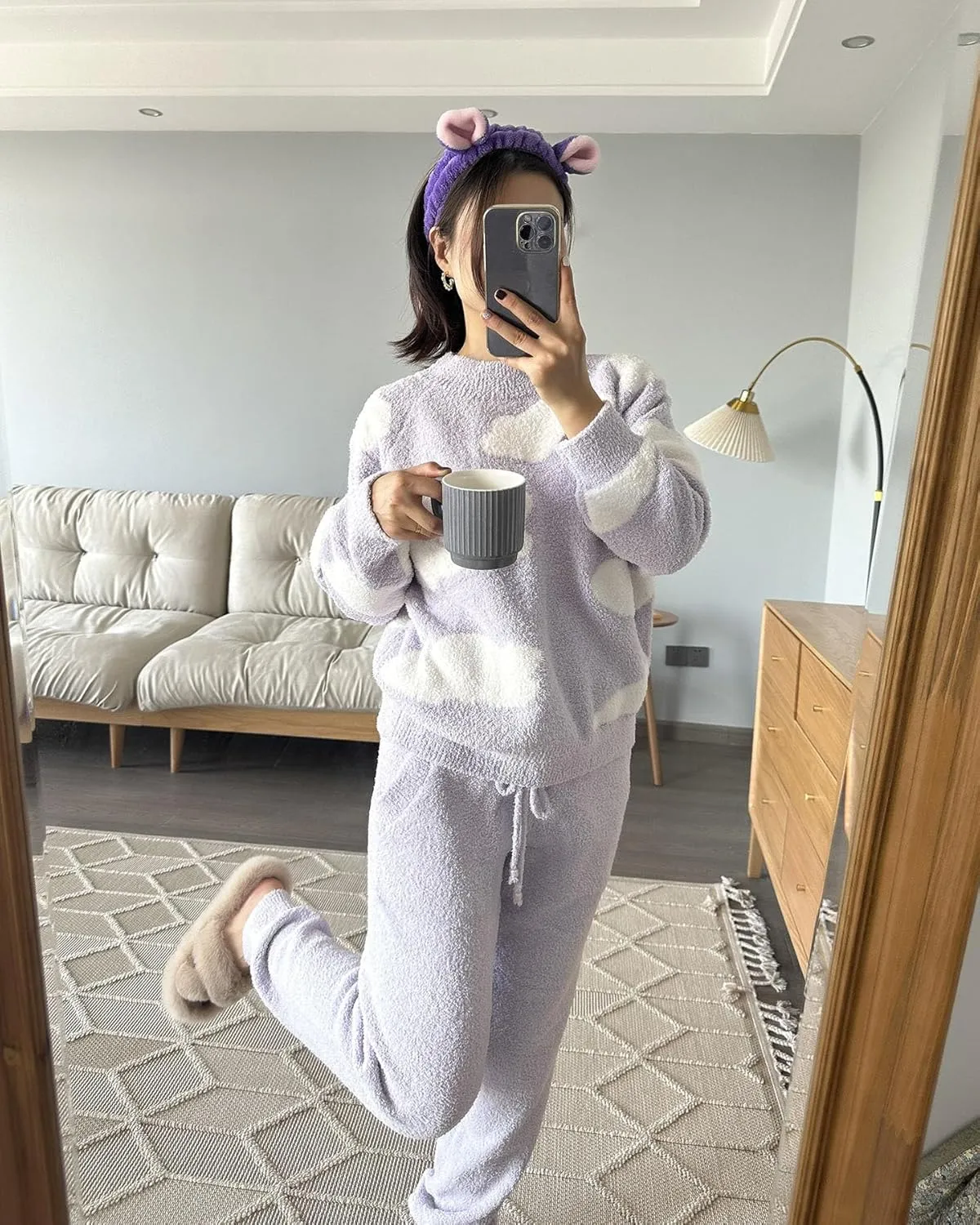 Womens Fleece Fuzzy Lounge Set Cloud Sweater Set Cute Print Loungewear Pajama Sets