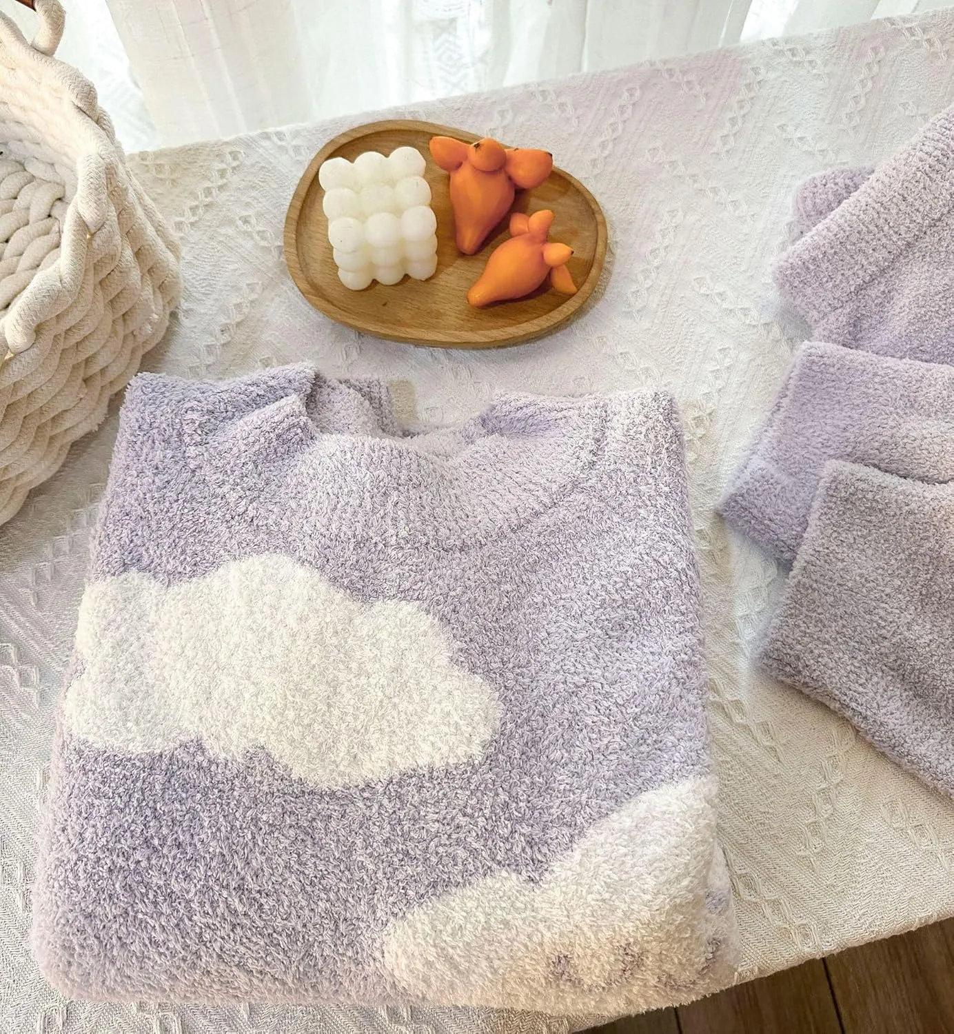 Womens Fleece Fuzzy Lounge Set Cloud Sweater Set Cute Print Loungewear Pajama Sets