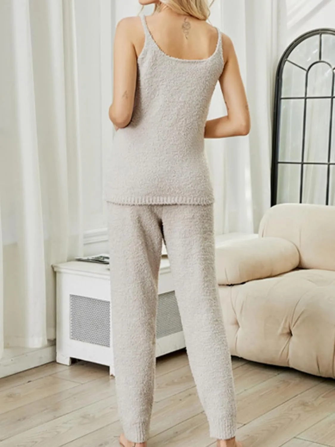 Womens Fuzzy Fleece Lounge Sets 2 Piece Outfits Sleeveless Cami Tank Tops and Jogger Pants Pajama Sets