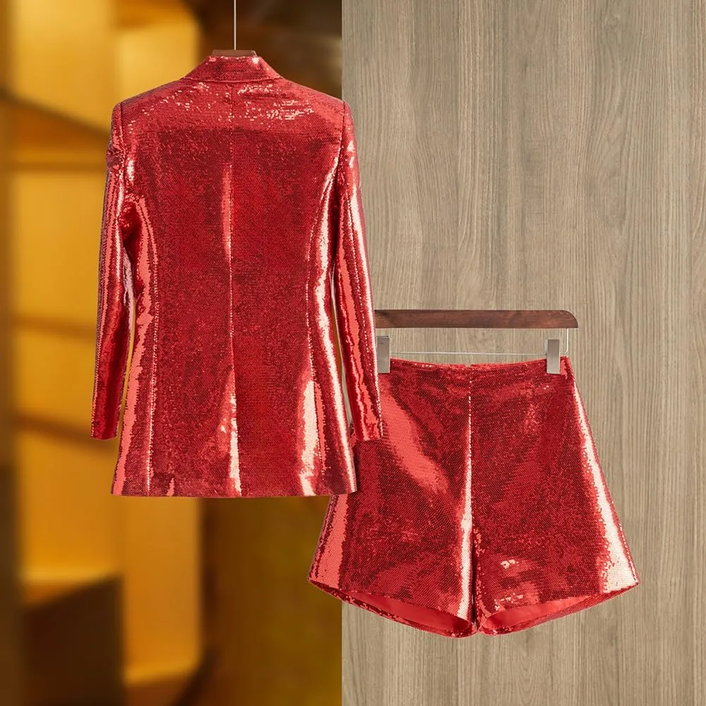 Womens Glitter Blazer Short Pants Set 2 PC Slim Fit Peak Lapel Prom Party Suit Womens Sequins Suit