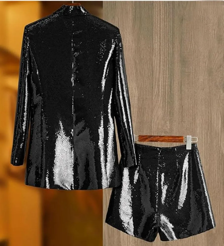 Womens Glitter Blazer Short Pants Set 2 PC Slim Fit Peak Lapel Prom Party Suit Womens Sequins Suit