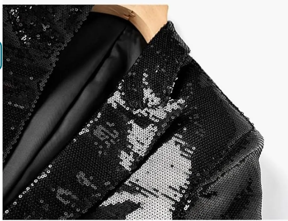 Womens Glitter Blazer Short Pants Set 2 PC Slim Fit Peak Lapel Prom Party Suit Womens Sequins Suit