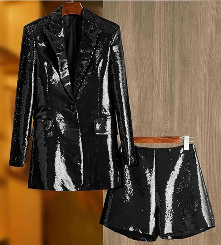 Womens Glitter Blazer Short Pants Set 2 PC Slim Fit Peak Lapel Prom Party Suit Womens Sequins Suit