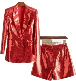 Womens Glitter Blazer Short Pants Set 2 PC Slim Fit Peak Lapel Prom Party Suit Womens Sequins Suit
