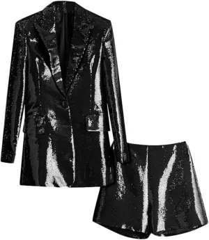 Womens Glitter Blazer Short Pants Set 2 PC Slim Fit Peak Lapel Prom Party Suit Womens Sequins Suit