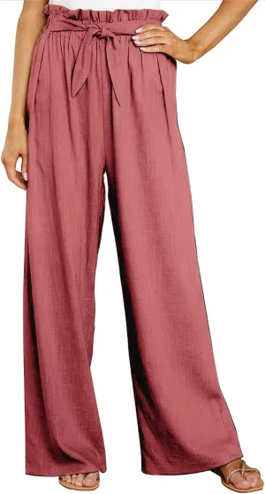 Womens High Waisted Paper Bag Linen Pants Casual Wide Legs Pink Pants XL