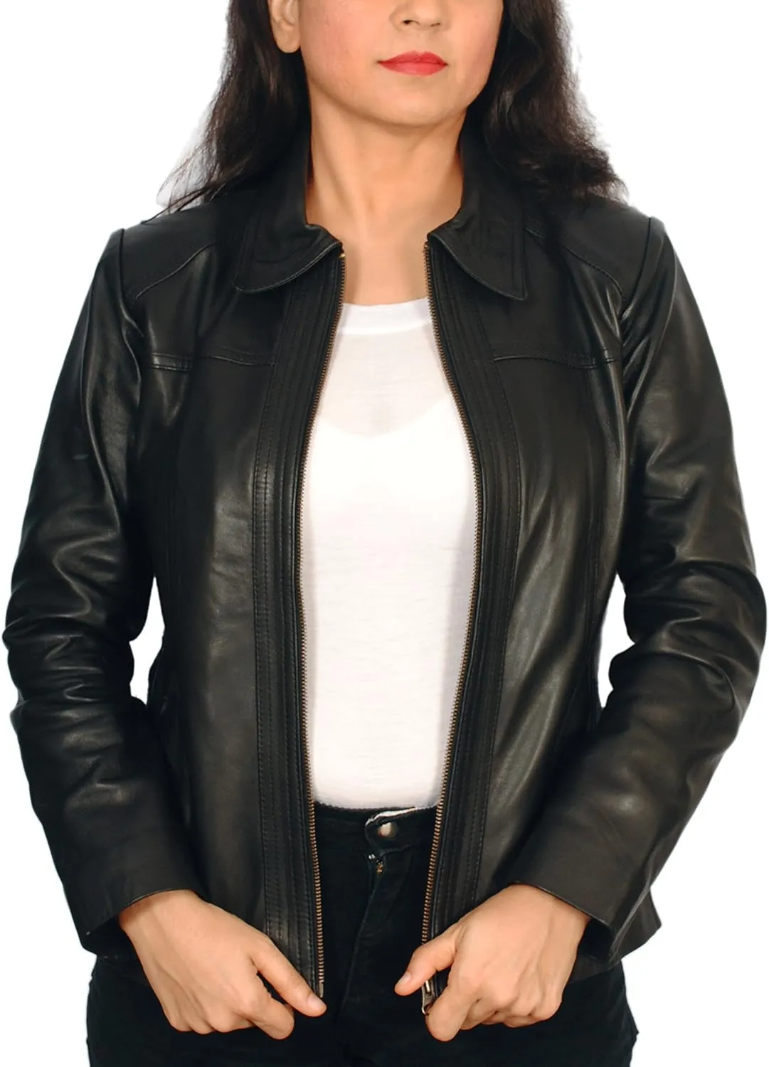 Women's Lambskin Leather Short Peacoat Jacket