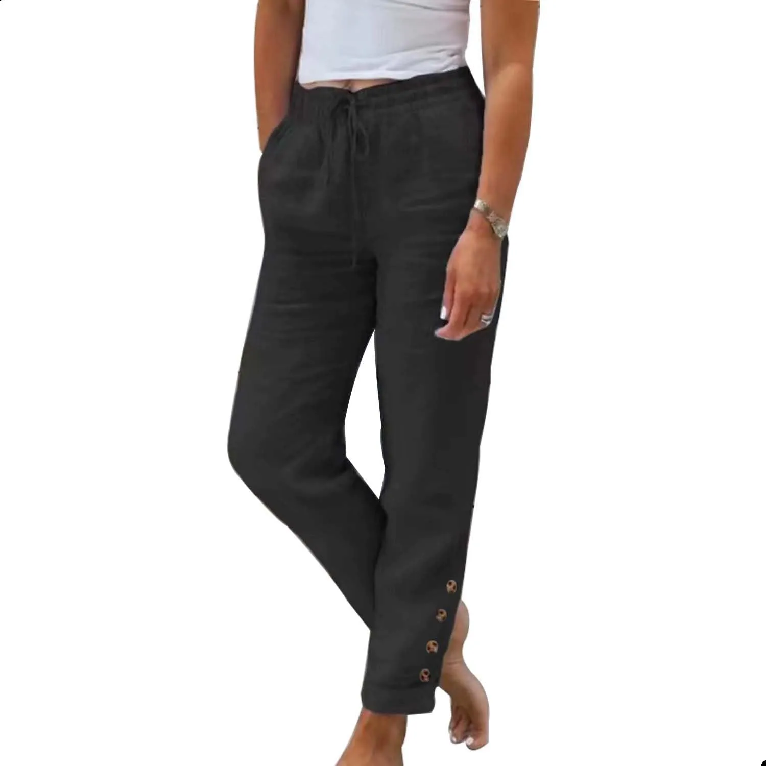 Womens Linen Pants with Pockets High Waist Comfy White Summer Pants Lightweight Loose Trousers