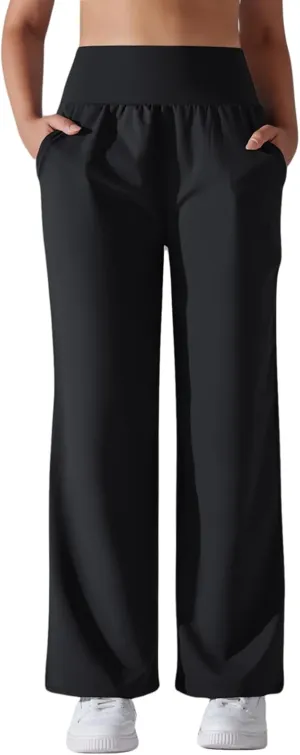 Women's Loose Wide Leg High Waist Yoga Pants with Pockets Stretchy Work Casual Straight Leg Lounge Sweatpants
