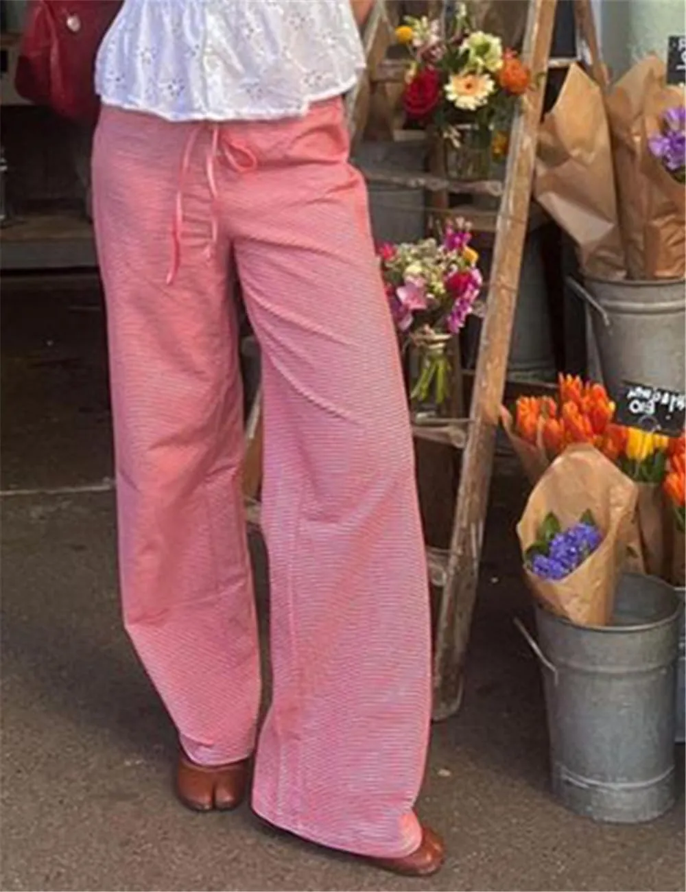 Women's Lounge Striped Wide Leg Pants, Low Rise Baggy Pajama Pants